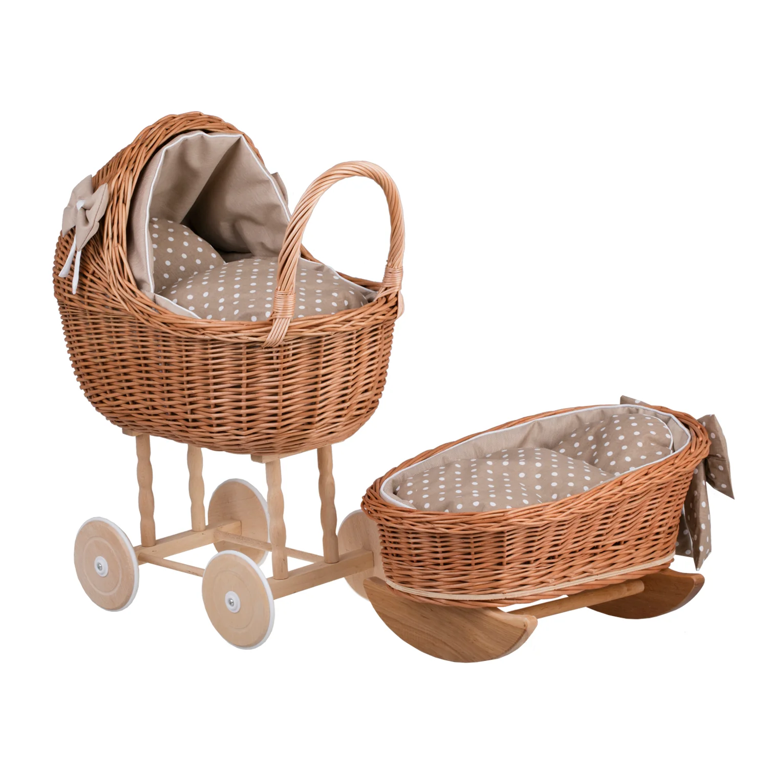 Lena wiklinowy wózek i kołyska dla lalek z beżowym obszyciem, kołderką i poduszką