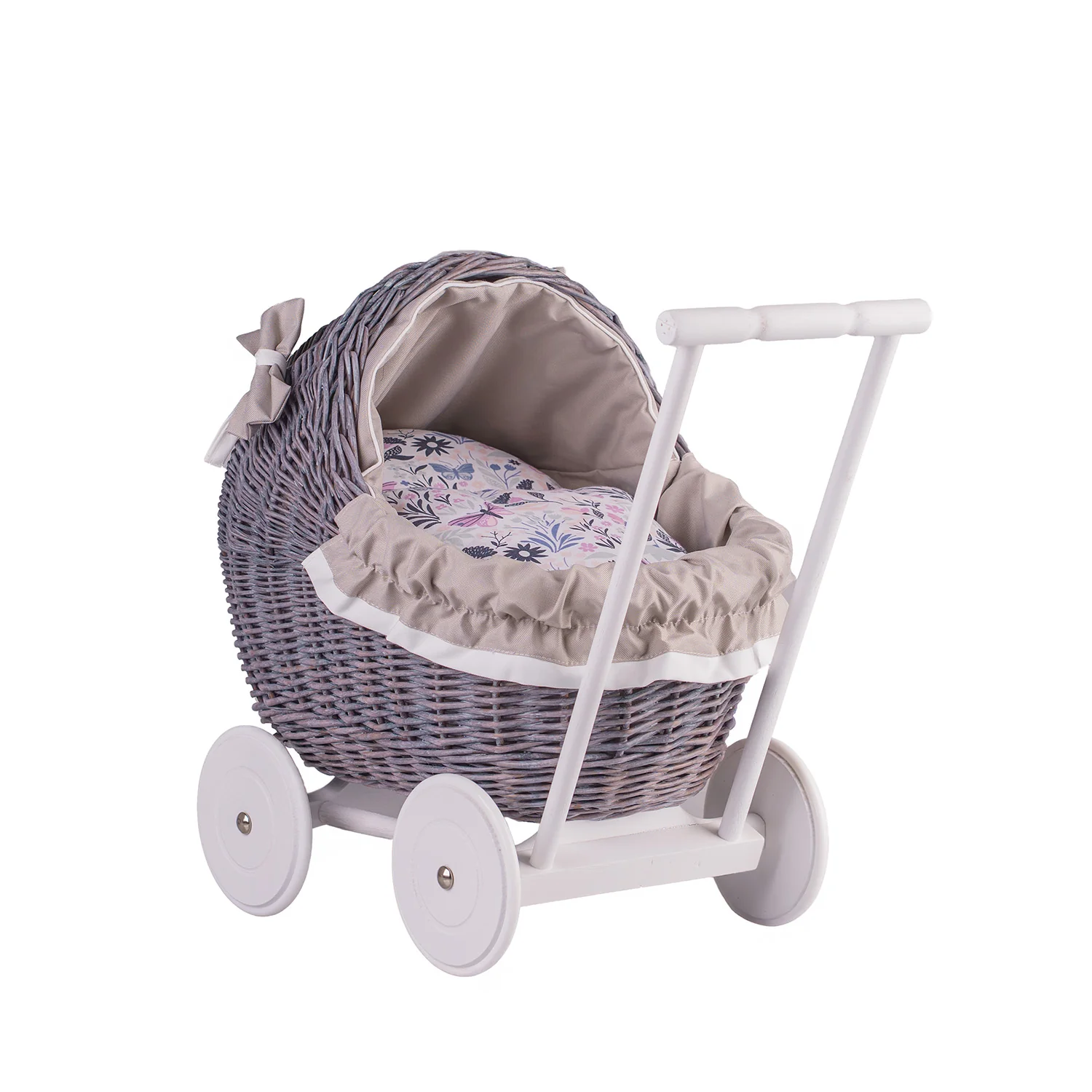 Lili wiklinowy wózek dla lalek z beżowym obszyciem, kołderką i poduszką